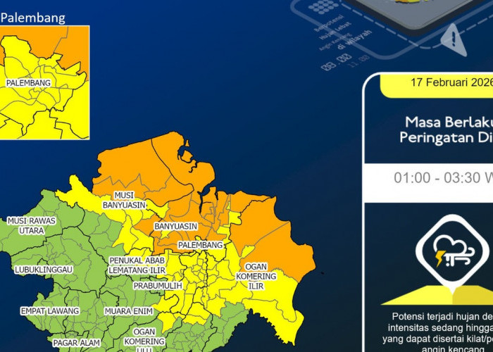 Siang–Malam Sumsel Diguyur Hujan, BMKG Peringatkan Petir dan Angin Kencang